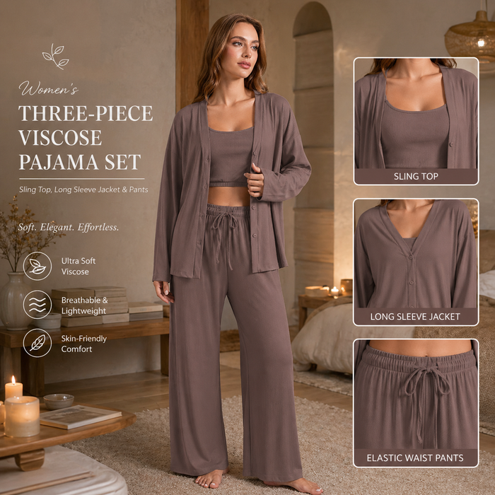 Women's Three-Piece Viscose Pajama Set – Sling Top, Long Sleeve Jacket & Pants, Soft Breathable Lounge Sleepwear