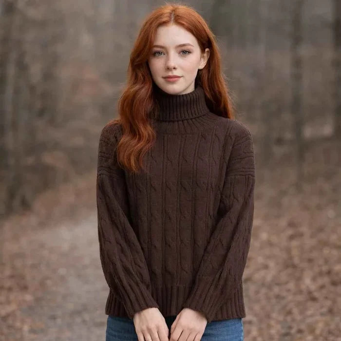 Women's Turtleneck Cable-Knit Sweater – Loose Fit, Anti-Fouling, 50% Viscose Blend