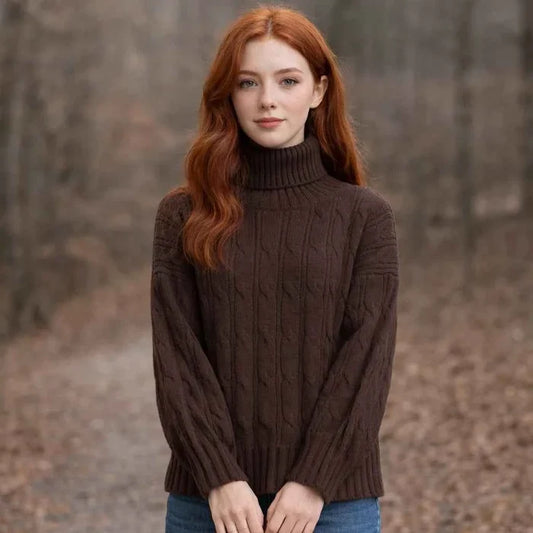 Women's Turtleneck Cable-Knit Sweater – Loose Fit, Anti-Fouling, 50% Viscose Blend