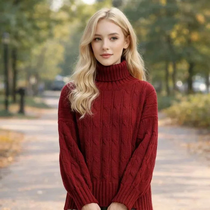 Women's Turtleneck Cable-Knit Sweater – Loose Fit, Anti-Fouling, 50% Viscose Blend