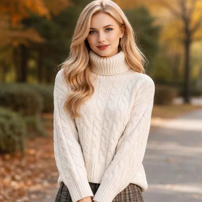 Women's Turtleneck Cable-Knit Sweater – Loose Fit, Anti-Fouling, 50% Viscose Blend
