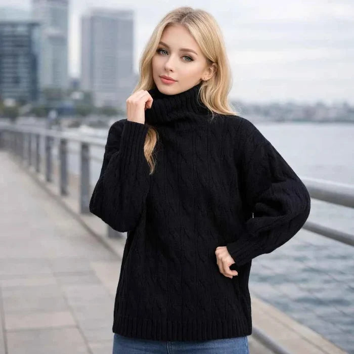 Women's Turtleneck Cable-Knit Sweater – Loose Fit, Anti-Fouling, 50% Viscose Blend