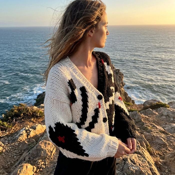 Women's V-Neck Color-Blocked Knit Cardigan – French Style Handmade Cotton Blend Sweater