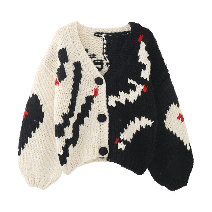 Women's V-Neck Color-Blocked Knit Cardigan – French Style Handmade Cotton Blend Sweater