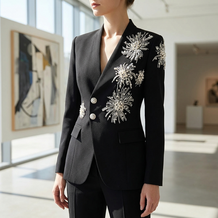 Women's V-Neck Rhinestone Blazer – Long Sleeve Embellished Jacket