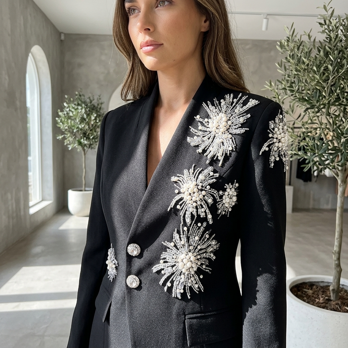 Women's V-Neck Rhinestone Blazer – Long Sleeve Embellished Jacket