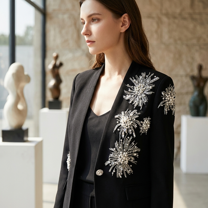 Women's V-Neck Rhinestone Blazer – Long Sleeve Embellished Jacket