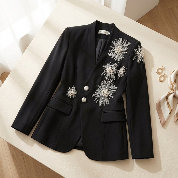 Women's V-Neck Rhinestone Blazer – Long Sleeve Embellished Jacket