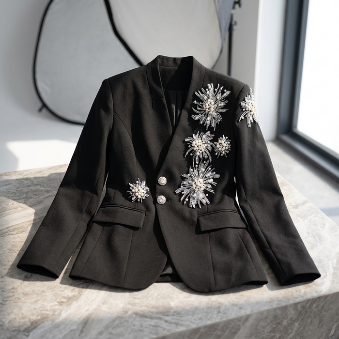 Women's V-Neck Rhinestone Blazer – Long Sleeve Embellished Jacket