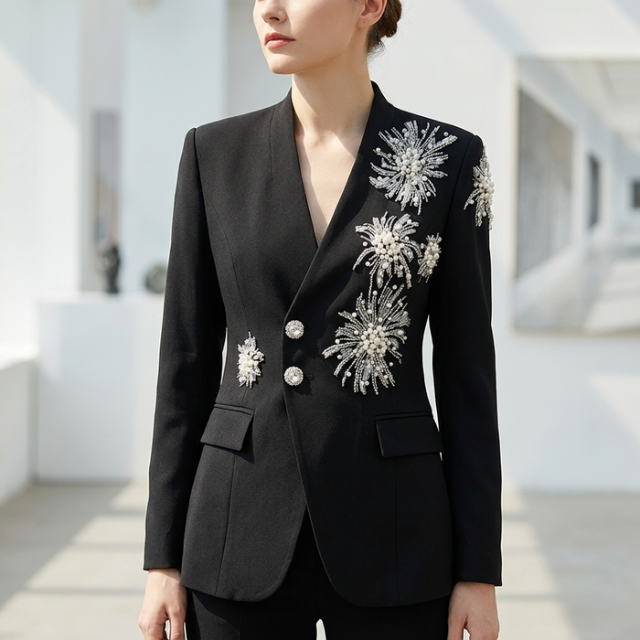Women's V-Neck Rhinestone Blazer – Long Sleeve Embellished Jacket