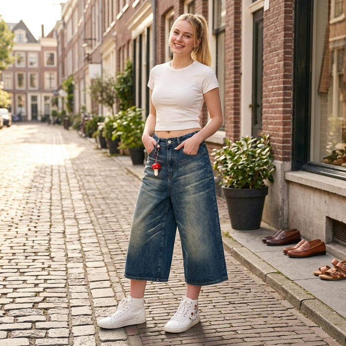 Women's Vintage Washed Denim Wide-Leg Cropped Pants