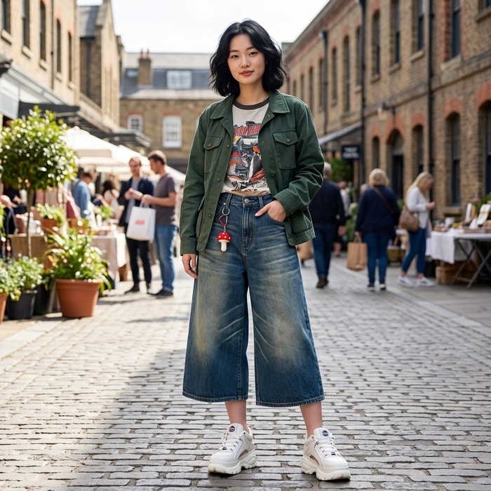 Women's Vintage Washed Denim Wide-Leg Cropped Pants