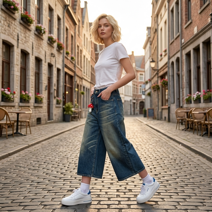 Women's Vintage Washed Denim Wide-Leg Cropped Pants
