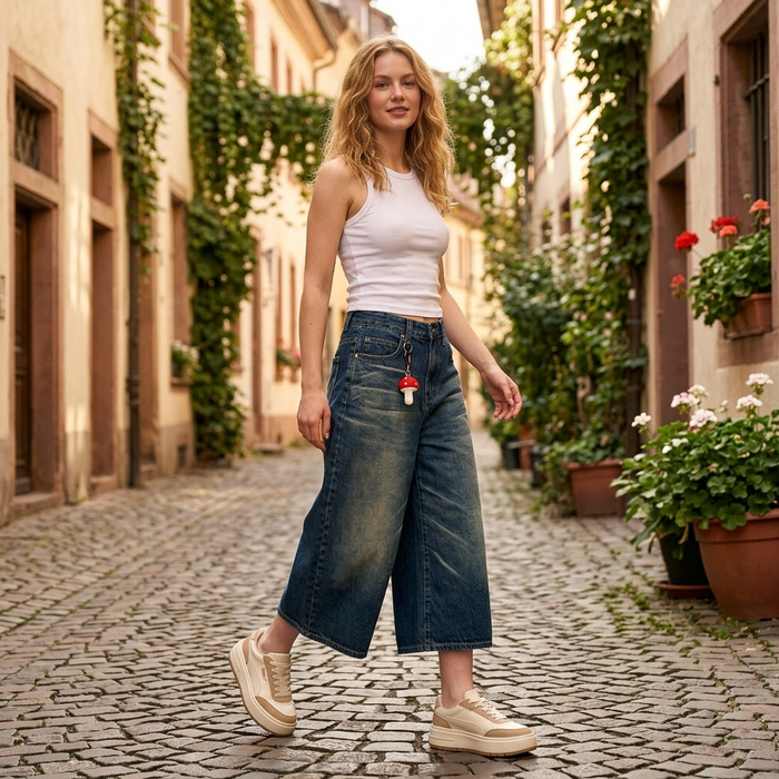 Women's Vintage Washed Denim Wide-Leg Cropped Pants