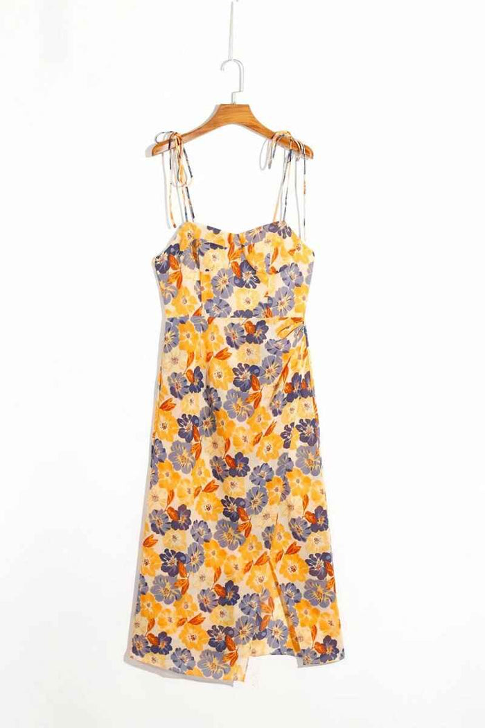 Women's Violet Print Suspender Long Dress – Flowing Viscose with Cotton Lining