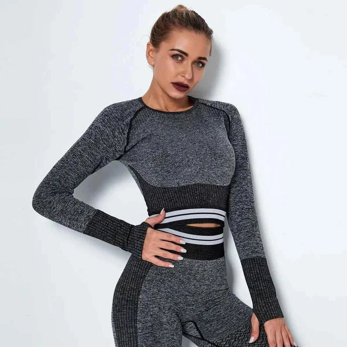 Women's Waist Stripe Seamless Yoga Top for Gym - Long Sleeve Fitness Leggings Shirt - Allen-Fitness