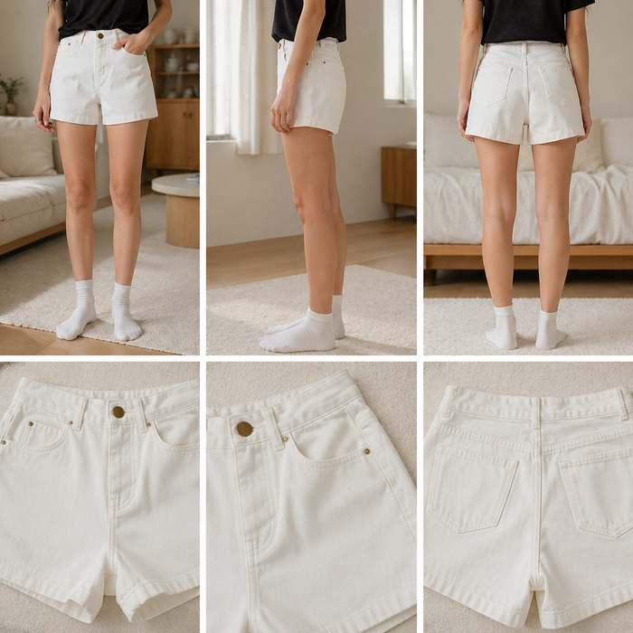 Women's White Stretch Denim Shorts – Four-Way Stretch Slimming High-Rise Chenille Summer Casual Shorts