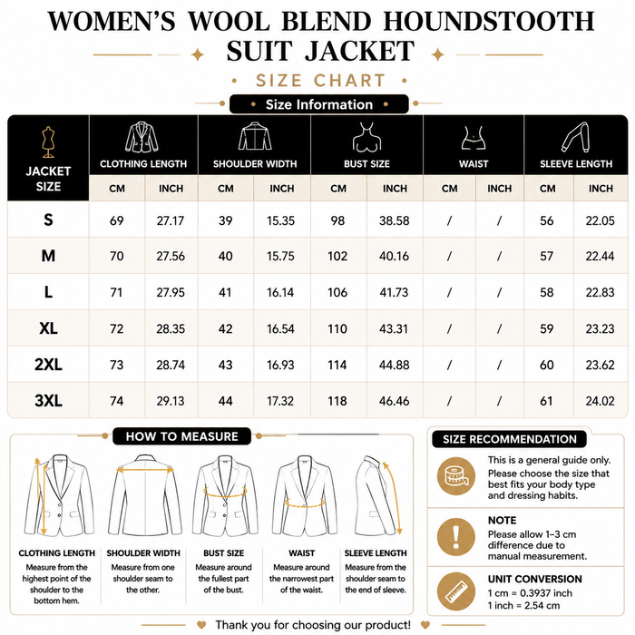 Women's Wool Blend Houndstooth Suit Jacket – Petite Tailored Single-Breasted Blazer, S–3XL, 2 Colors