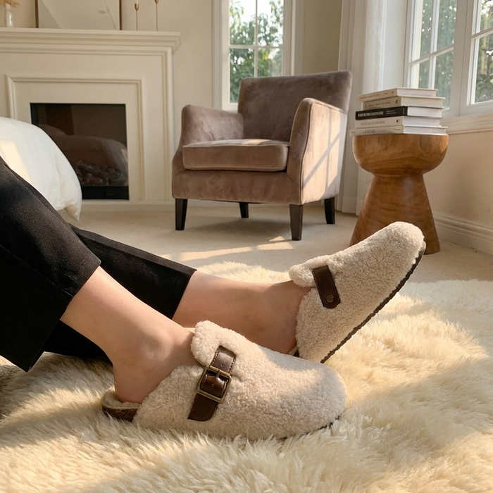 Women's Wool-Lined Genuine Leather Mule Slippers – Retro Thick-Sole Backless Slip-Ons