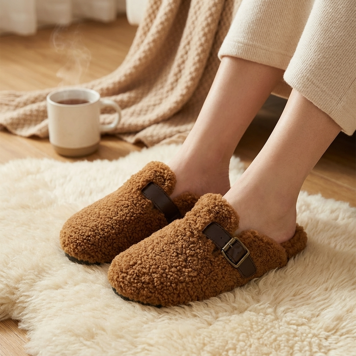 Women's Wool-Lined Genuine Leather Mule Slippers – Retro Thick-Sole Backless Slip-Ons