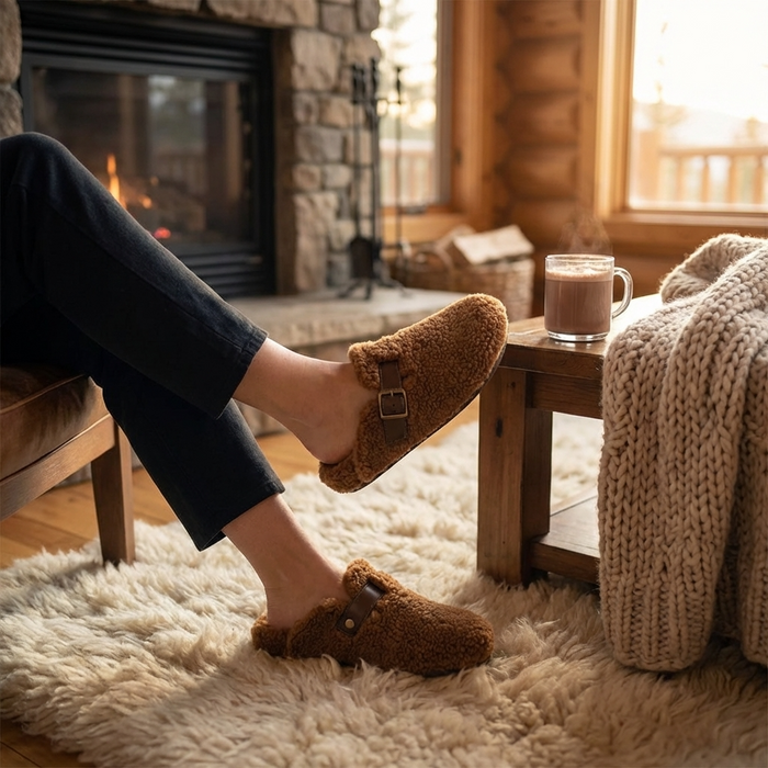 Women's Wool-Lined Genuine Leather Mule Slippers – Retro Thick-Sole Backless Slip-Ons