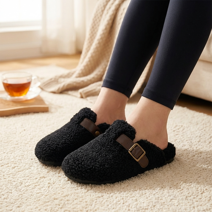 Women's Wool-Lined Genuine Leather Mule Slippers – Retro Thick-Sole Backless Slip-Ons