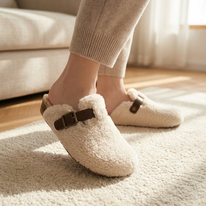 Women's Wool-Lined Genuine Leather Mule Slippers – Retro Thick-Sole Backless Slip-Ons