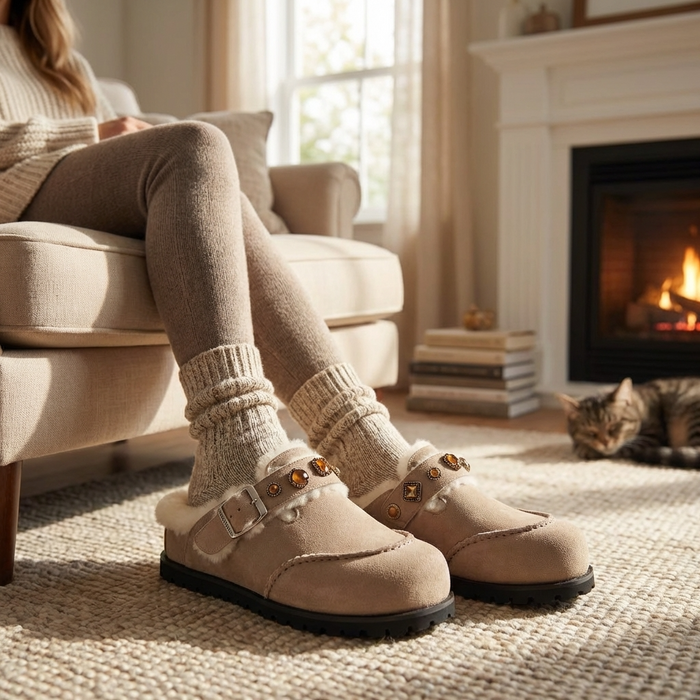 Women's Wool Lined Platform Slippers – Suede Leather Thick Sole