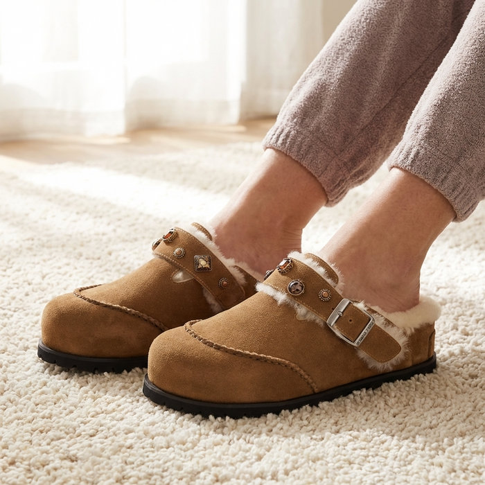 Women's Wool Lined Platform Slippers – Suede Leather Thick Sole