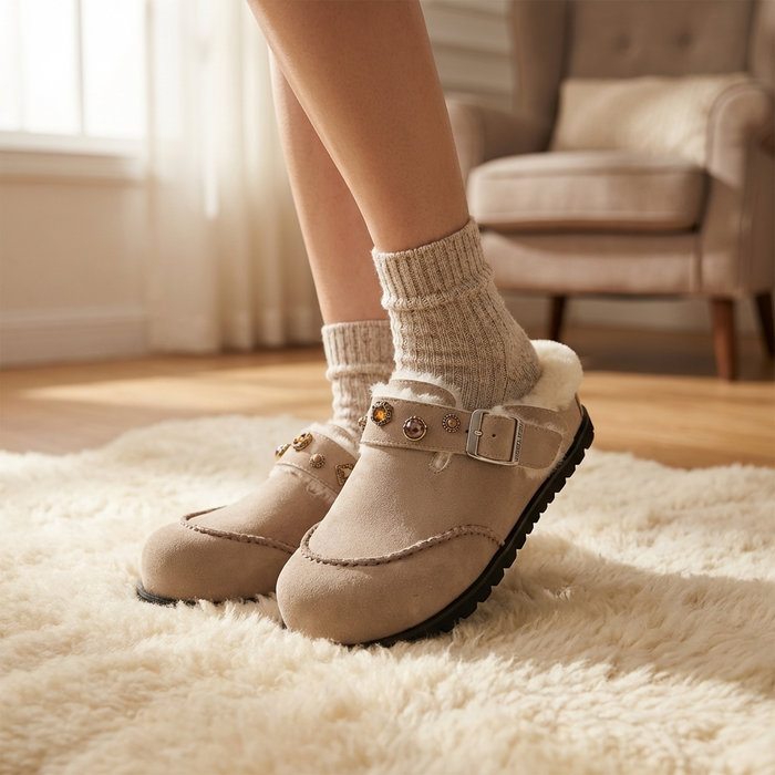 Women's Wool Lined Platform Slippers – Suede Leather Thick Sole