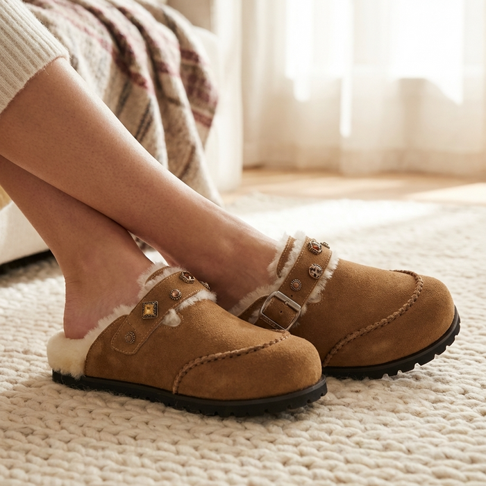 Women's Wool Lined Platform Slippers – Suede Leather Thick Sole