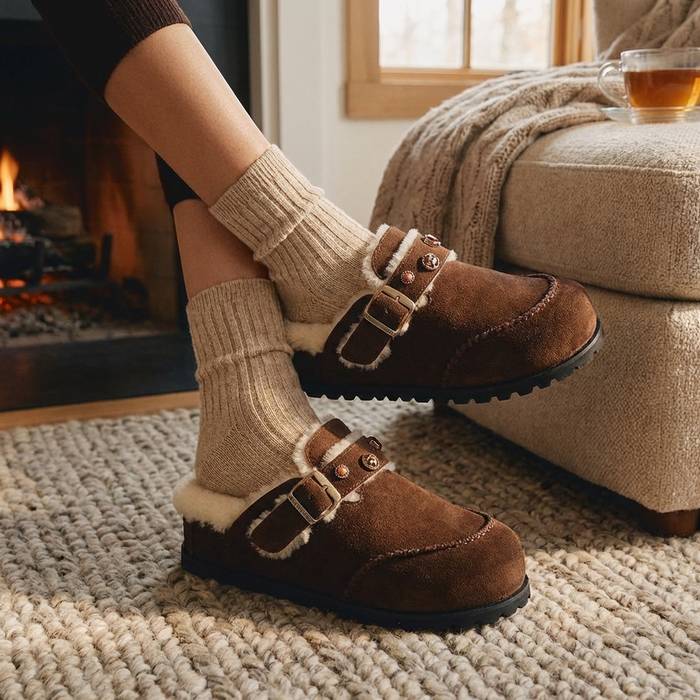 Women's Wool Lined Platform Slippers – Suede Leather Thick Sole