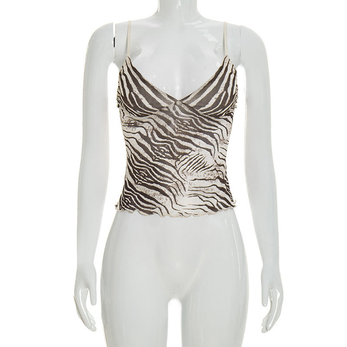 Women's Zebra Print Mesh Slim Fit V-Neck Camisole Top