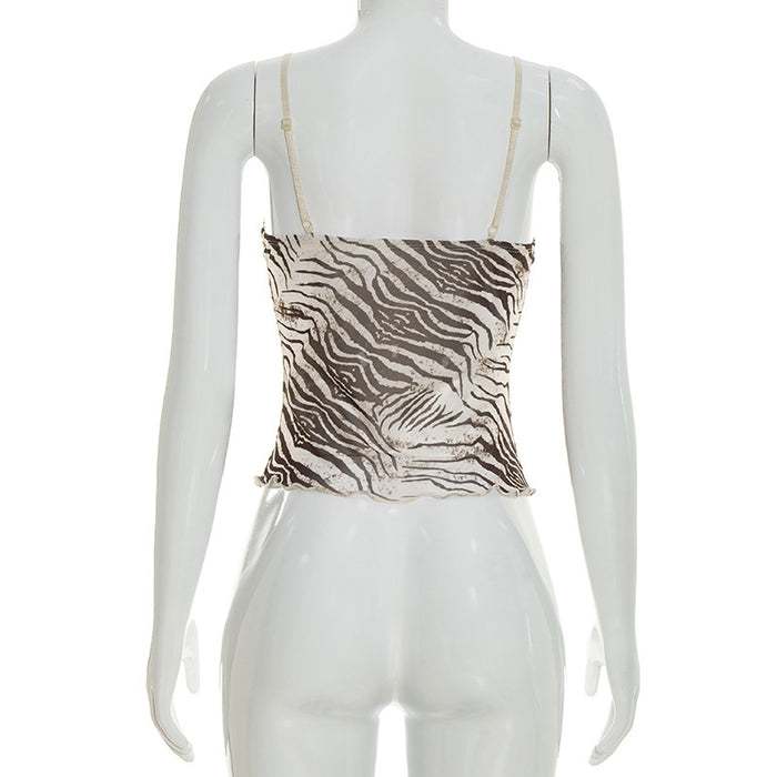 Women's Zebra Print Mesh Slim Fit V-Neck Camisole Top