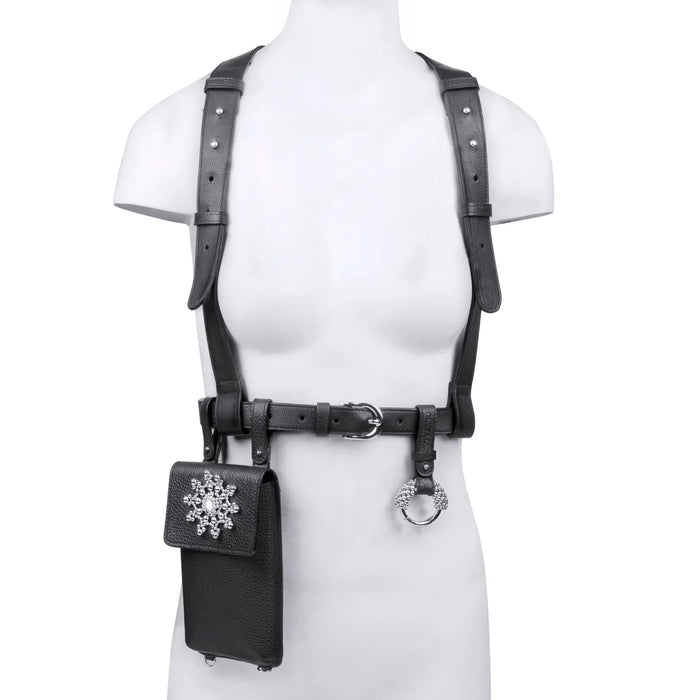 Premium Leather harness with beaded iphone bag with beaded key chain silver from object and dawn on mannequen ghost images front side
